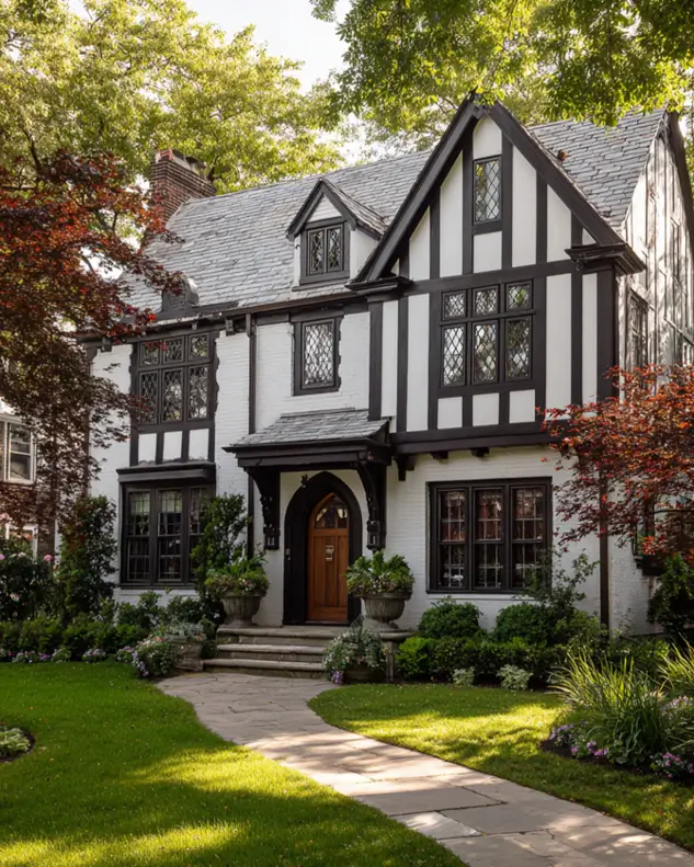 A stately Tudor-style house with a painted white brick exterior and contrasting black timbering.