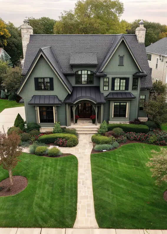 An aerial view capturing the perfect formal symmetry of a sage green house with black trim, twin chimneys, and manicured gardens.