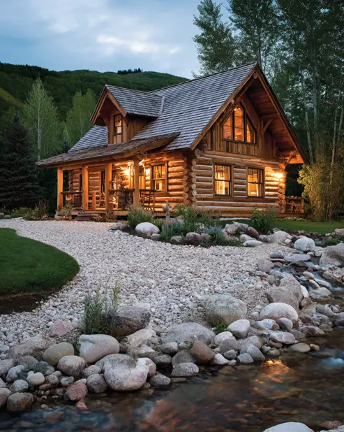 A beautifully illuminated tiny log home at dusk, with a meandering river rock creek bed in the foreground.