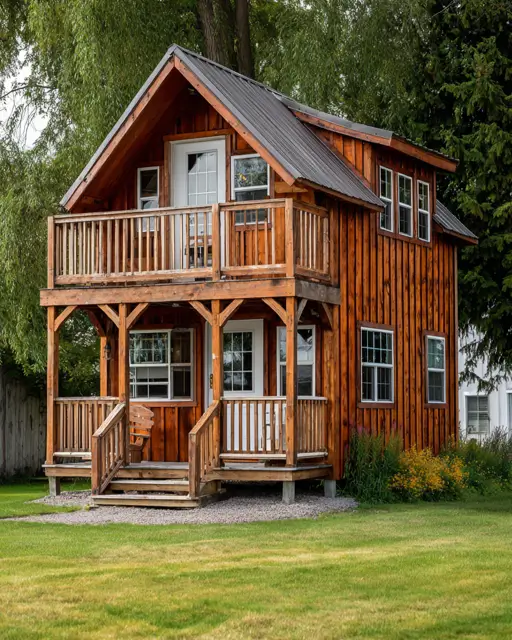 55 Tiny Cabin Ideas: The Ultimate Guide to Exterior & Interior Design 31 A two-story tiny cabin home idea with space-saving stacked wooden porches, offering double the outdoor living space on a compact footprint.