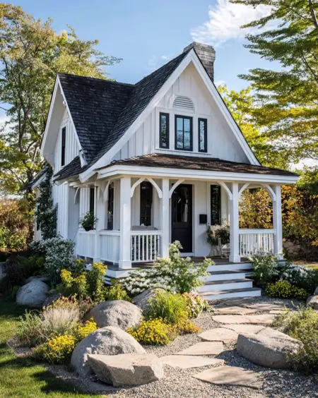 36 Tiny House Design Ideas + An Expert Interior Guide for 2025 32 A white modern farmhouse tiny house with a covered front porch and stone landscaping.