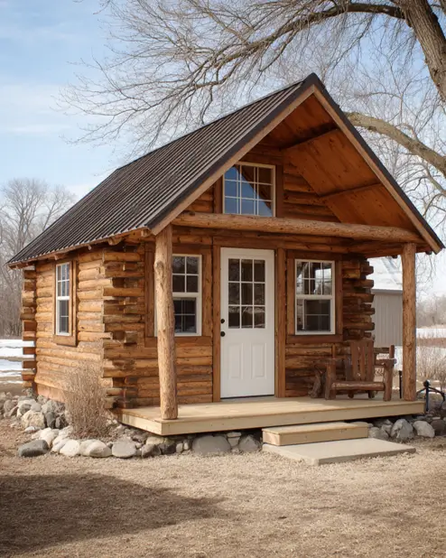 A compact tiny log cabin featuring a contrasting white front door, a covered porch, and a dark metal roof in an early spring landscape.