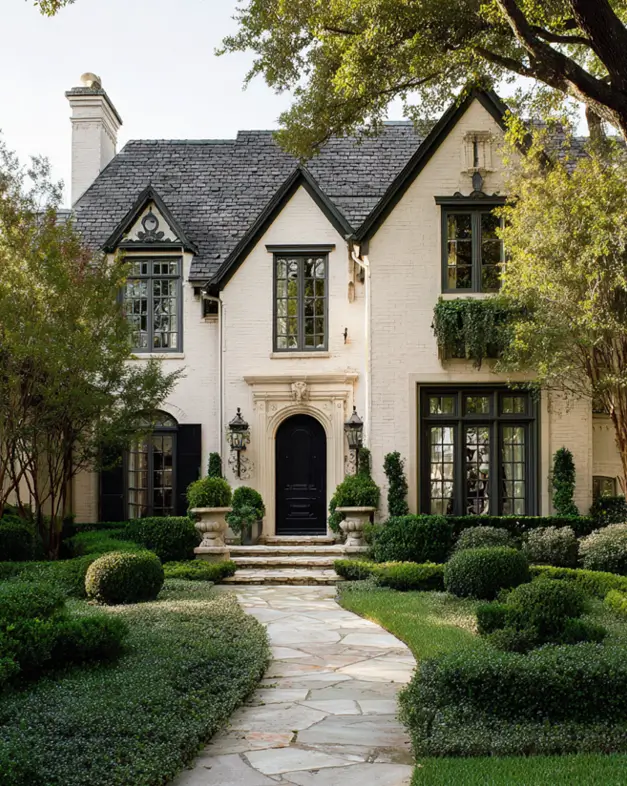 A Tudor-style cream and black house exterior with painted cream brick, dark trim, and formal green landscaping leading to the front door.