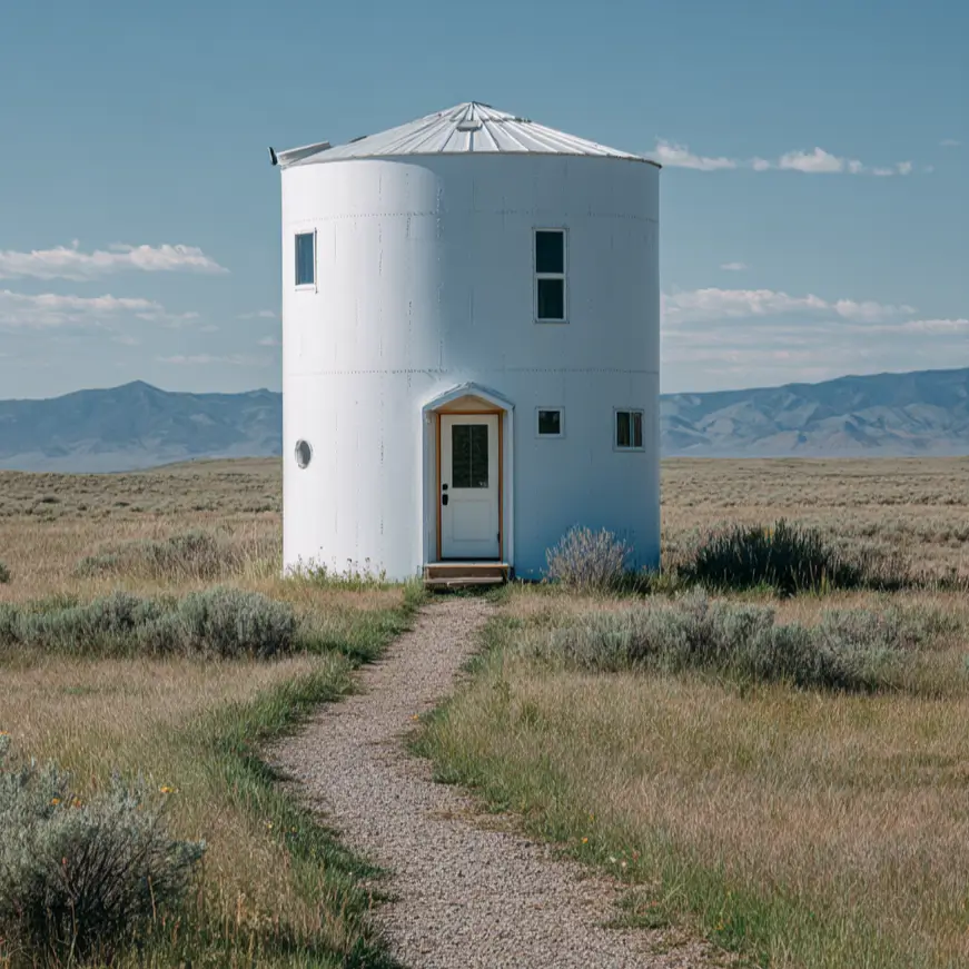A minimalist grain silo cabin painted in a crisp, clean white, standing as a modern sculpture in a vast, open field.