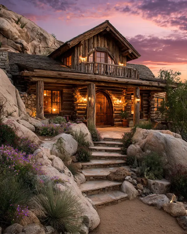 A rugged log cabin house style built into a rocky hillside with an arched wooden door under a sunset sky.