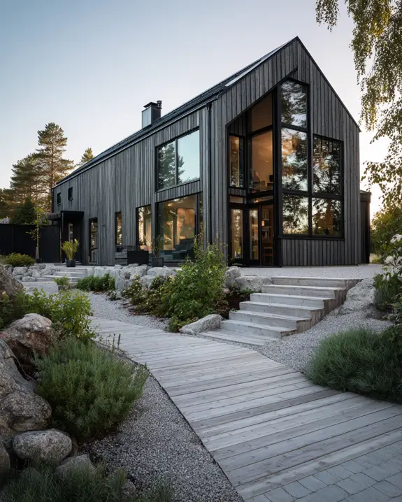 A modern Scandinavian house exterior featuring dark vertical siding and a two-story glass wall, viewed from a wooden walkway at dusk.