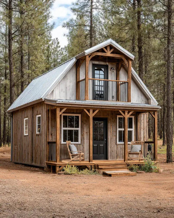 A rustic two-story tiny barndominium home with natural wood siding and a small balcony, nestled among tall pine trees.