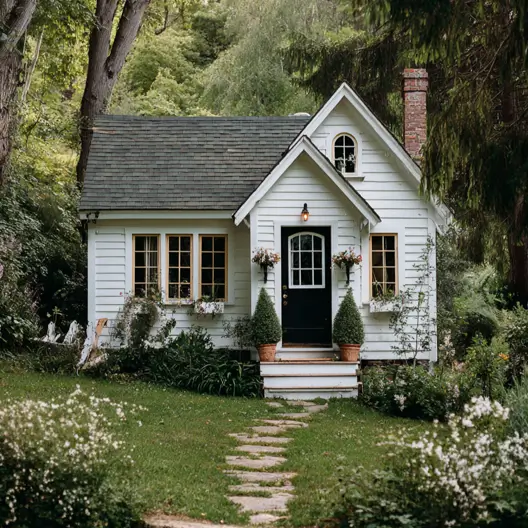 36 Tiny House Design Ideas + An Expert Interior Guide for 2025 6 A tiny white cottage with a dark door nestled in a lush woodland setting.