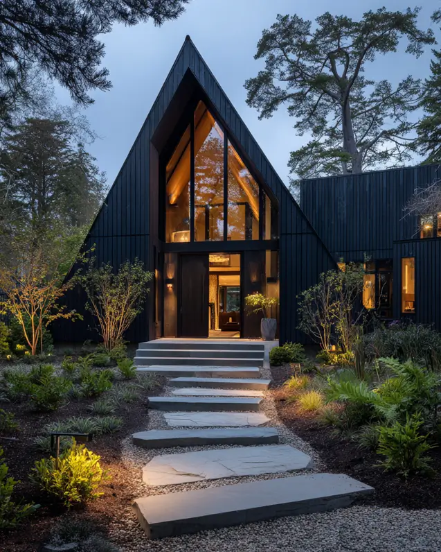 A Scandinavian-style A-frame home with black vertical siding, warmly lit from within at twilight.
