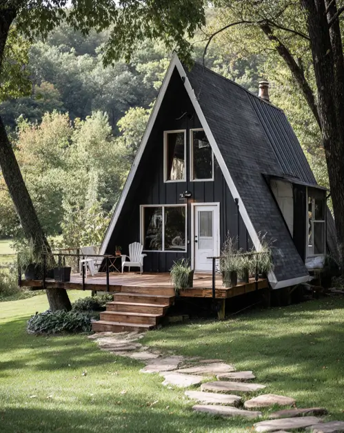 Tiny A-Frame Cabins: 31 Inspiring Ideas for Your Dream Retreat 6 A dramatic small a frame cabin with a dark charcoal facade and white trim, set on a green lawn.