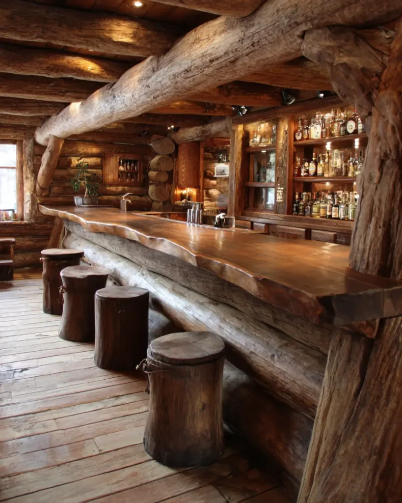 A rugged bar log cabin with a base constructed from a large horizontal log and simple, solid log stools.