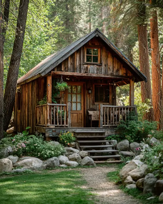 55 Tiny Cabin Ideas: The Ultimate Guide to Exterior & Interior Design 5 A rustic small cabin design highlighted by unique, natural branch railings on the porch and irregular stone steps leading to the door.