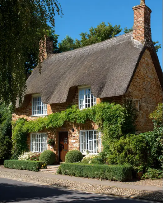 A beautiful honey-colored brick english cottage with a neat, low boxwood hedge defining the property line along the village road.