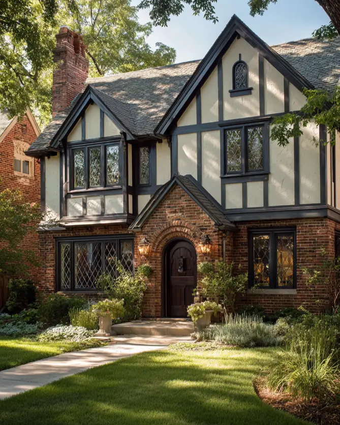 A classic Tudor-style house exterior with a red brick lower level and inviting beige stucco gables.