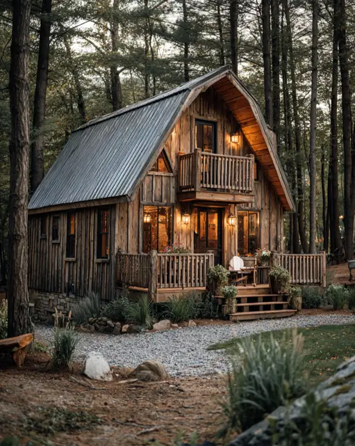 55 Tiny Cabin Ideas: The Ultimate Guide to Exterior & Interior Design 32 A rustic tiny cabin idea with a barn-style gambrel roof and a second-floor balcony, a design that maximizes upper-level headroom.