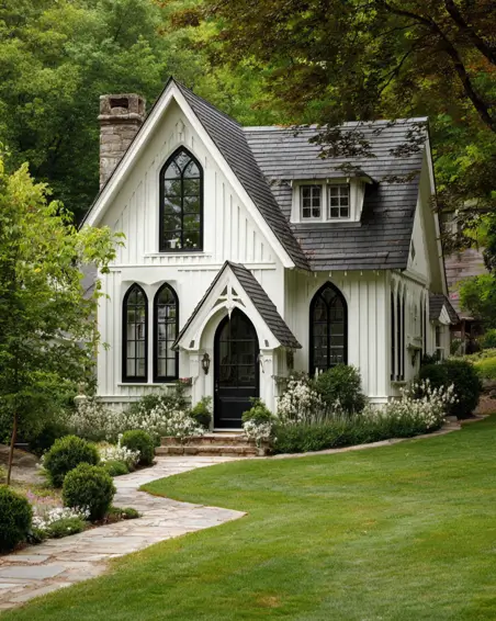 36 Tiny House Design Ideas + An Expert Interior Guide for 2025 33 A white gothic-style tiny house with dramatic black arched windows and manicured lawns.