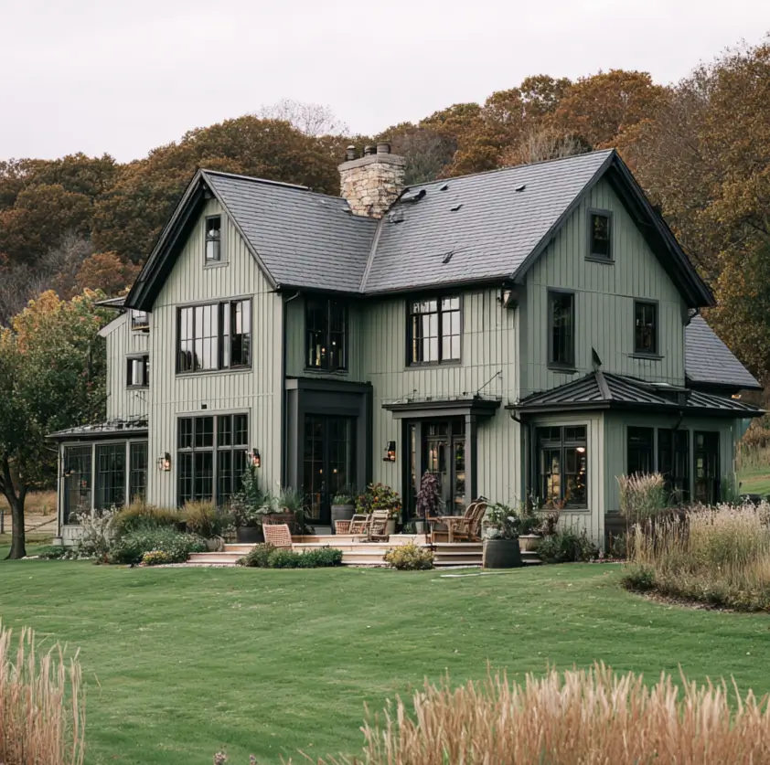 The back exterior of a large sage green house, where expansive black-trimmed windows create a seamless indoor-outdoor connection to the lawn.