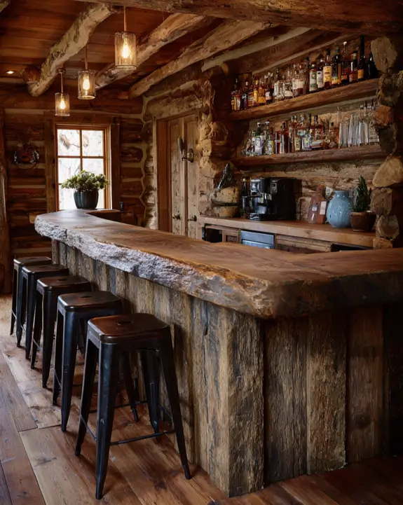 A bar log cabin blending rustic wood and stone with modern industrial black metal stools.
