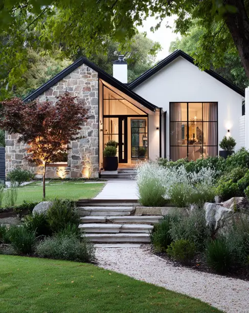 36 Modern Cottage Exterior Ideas to Achieve Timeless Curb Appeal 33 A unique modern cottage exterior featuring a rustic stone wing connected to the main house by a stunning glass-walled entryway.