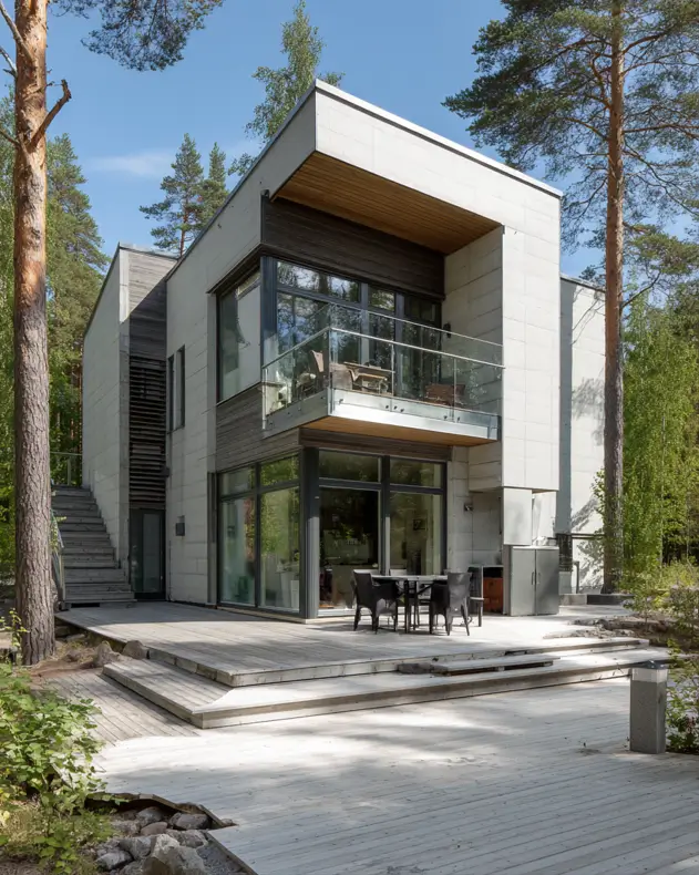 A modern Scandinavian exterior featuring large, light-colored stone panels and a weathered wooden deck in a wooded area.
