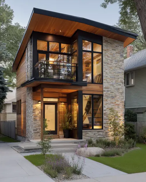 A modern small home with stacked stone, wood siding, and a small balcony, offering a textured exterior design idea.
