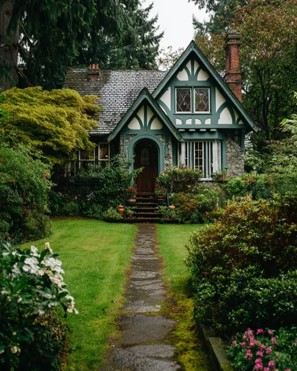 A fairytale small Tudor-style cottage painted deep forest green, nestled in a lush, overgrown woodland garden with a stone path.