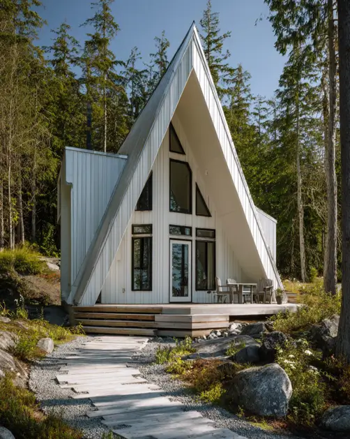 Tiny A-Frame Cabins: 31 Inspiring Ideas for Your Dream Retreat 33 A minimalist white small a-frame house with a crisp, sculptural look and a sharp roofline.