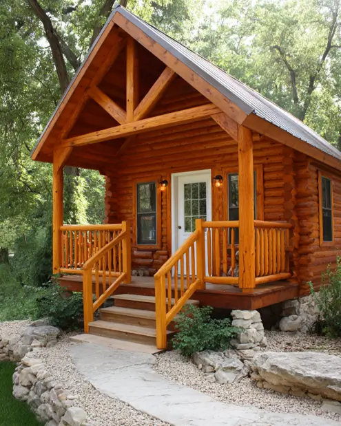A bright tiny log cabin with a white door and a natural stone-lined walkway leading to the porch.