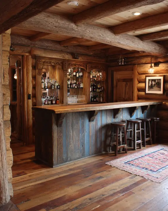A rustic bar log cabin featuring a bar with a weathered blue-gray wood panel front and an ornate back bar.