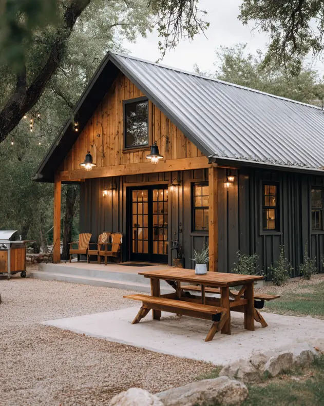 A modern barndominium with dark siding and a natural wood gable, featuring an outdoor picnic area.