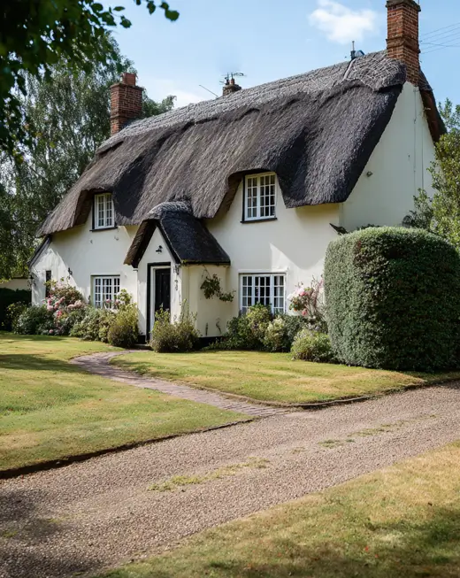 A large english cottage style home featuring an open approach with a sweeping gravel driveway and a wide, well-maintained lawn.