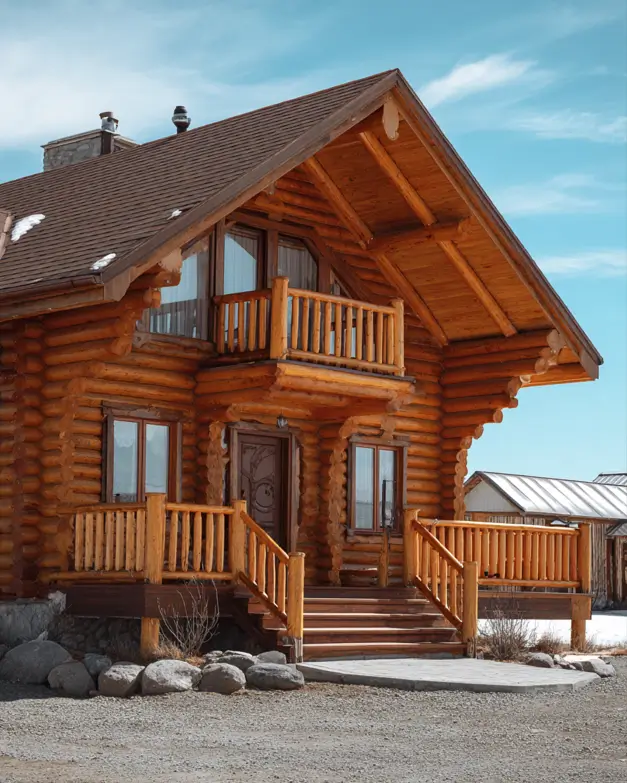 A bright, honey-colored log cabin home featuring a prominent second-story balcony with a wooden railing.