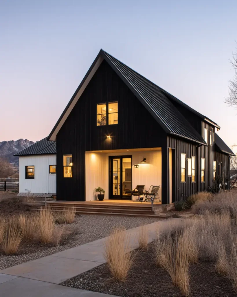 A minimalist black modern farmhouse with a steep gable and glowing windows at dusk.