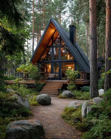 36 Tiny House Design Ideas + An Expert Interior Guide for 2025 34 A modern A-frame tiny home exterior with a glass wall nestled among pine trees.