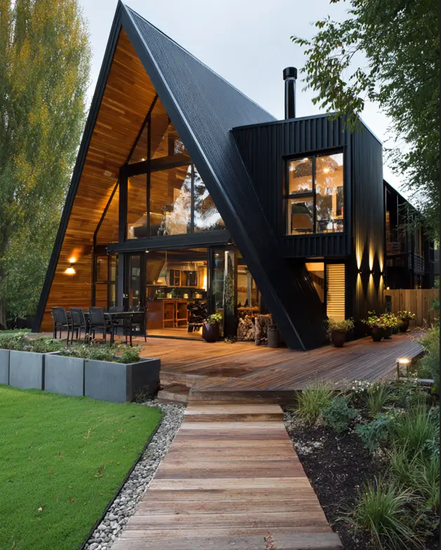 A modern black metal A-frame house with warm wood accents and an expansive deck for outdoor dining.