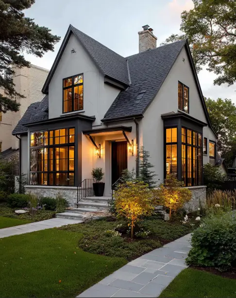 36 Modern Cottage Exterior Ideas to Achieve Timeless Curb Appeal 34 A European-inspired modern cottage exterior with light stucco walls, a stone foundation, and dimension-adding black-trimmed bay windows.