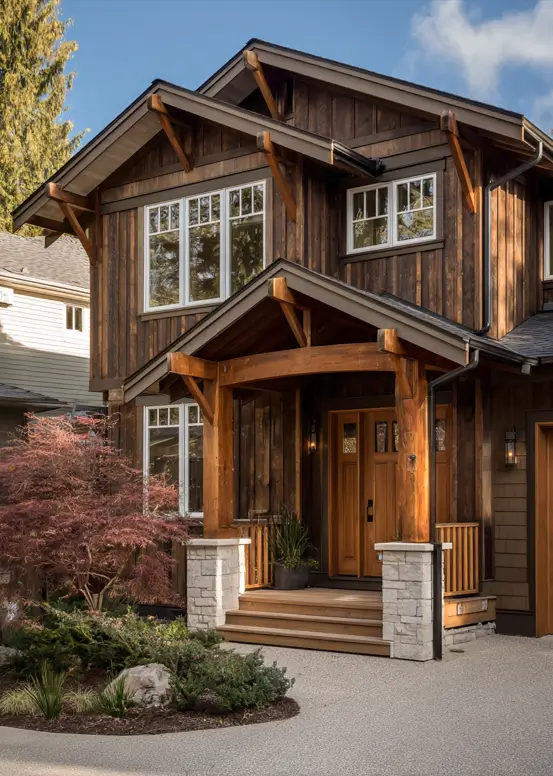 Dark wood modern craftsman house with prominent timber framing and brackets, vertical siding, and light stone piers at the porch.