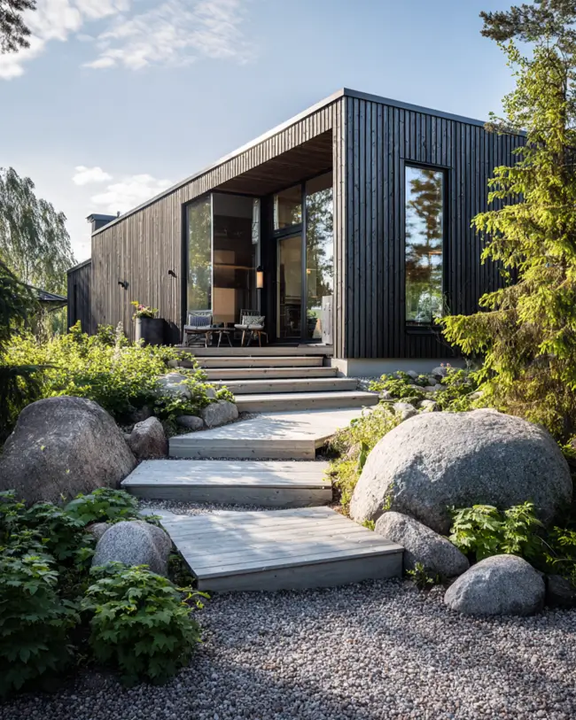 A modern Scandinavian house exterior featuring black vertical wood cladding, set against a backdrop of green trees and large gray boulders.