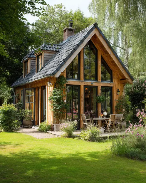 A modern small wooden house with a full wall of glass windows, demonstrating an exterior idea that maximizes light.