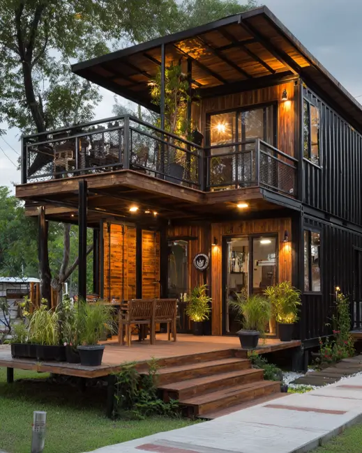 A two-story shipping container home at dusk, extensively clad in warm wood, featuring an inviting lighted deck and a second-story balcony.