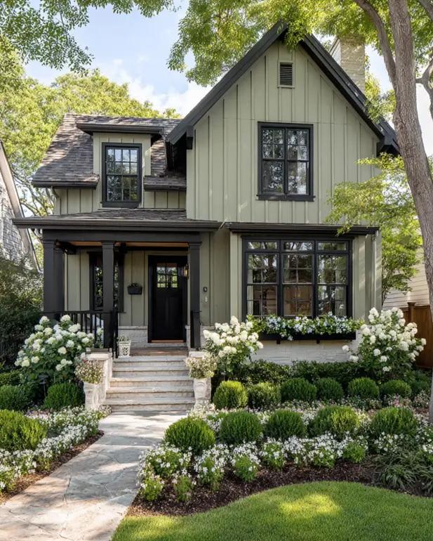 The charming curb appeal of a sage green house with black trim, its foundation softened by a lush garden of white hydrangeas.