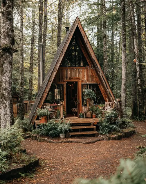 Tiny A-Frame Cabins: 31 Inspiring Ideas for Your Dream Retreat 34 A rustic tiny a frame cabin with a cozy, plant-filled entryway surrounded by forest.