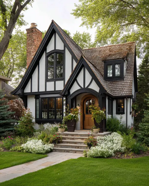 A classic small Tudor home with sharp black and white half-timbering, a richly textured cedar shake roof, and a welcoming arched wood door.