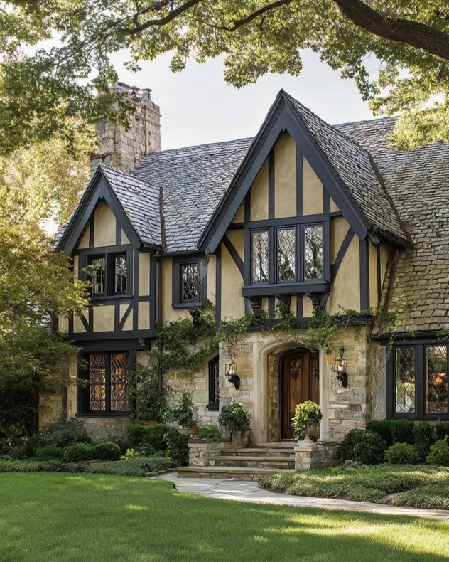 A stately Tudor home featuring a stone entryway, warm beige stucco, and dark brown timbering.