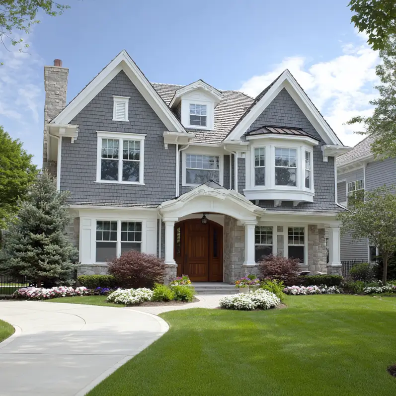 A gray shingle suburban house exterior with a large, classic bay window that adds dimension and architectural interest to the home's facade.