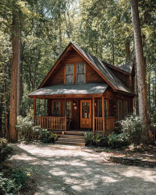 55 Tiny Cabin Ideas: The Ultimate Guide to Exterior & Interior Design 33 A traditional small log cabin design featuring a wide covered front porch and balanced, symmetrical windows on the upper level for a classic look.
