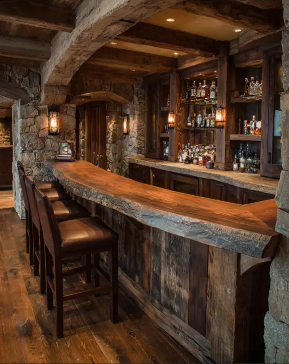 An elegant bar log cabin featuring rough stone walls, dark wood cabinetry, and a thick, live-edge wood bar counter.