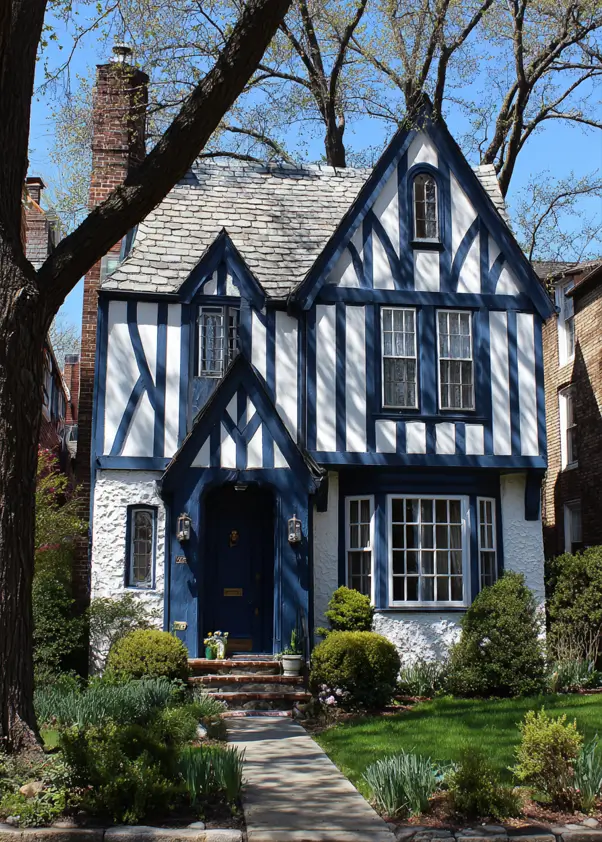 A charming Tudor-style house exterior with bold blue timbering and a matching blue door for a pop of color.