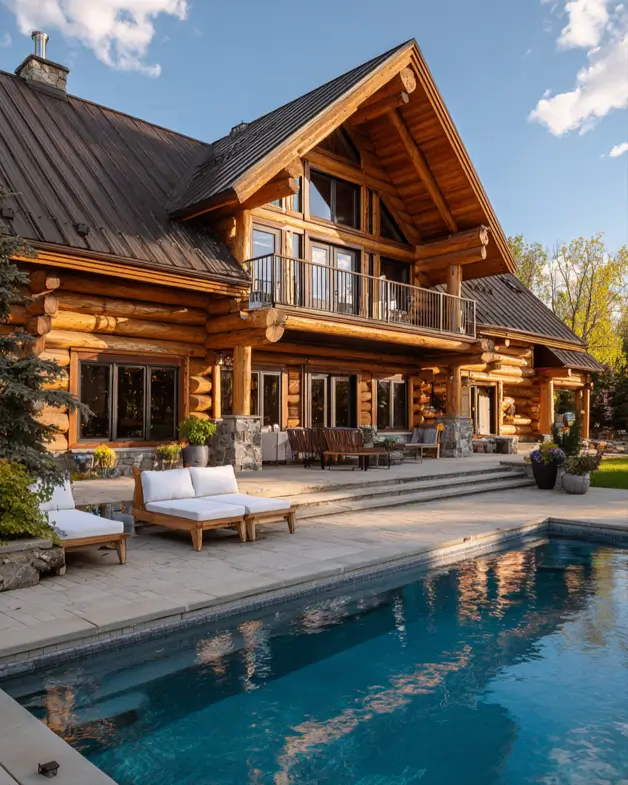 A large log cabin house design with a modern swimming pool and a stone patio with lounge chairs.