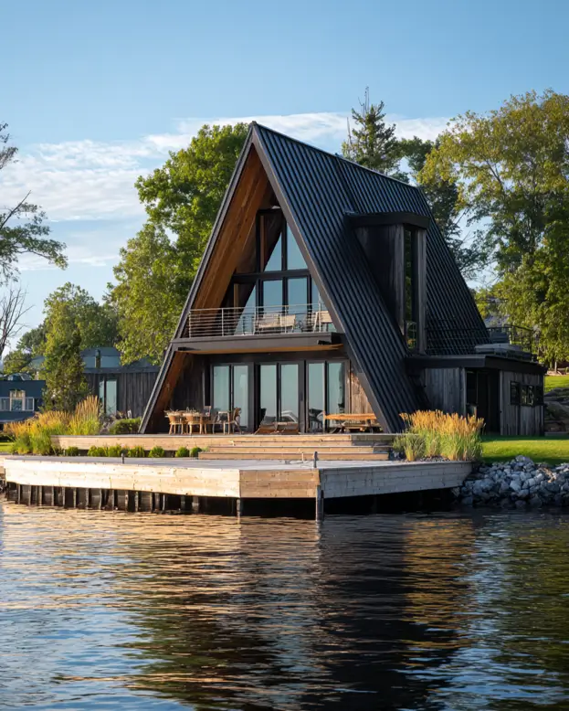 A dark modern A-frame cabin built on a large dock over the water, with a balcony overlooking the lake.